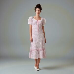 Vtg 70s White Lace Maxi Dress Size Small Pink Milk Maid Coquette Puff Shoulder